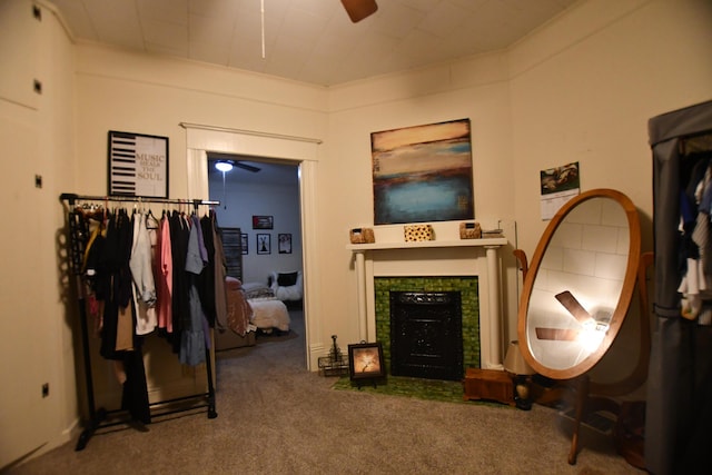 interior space featuring a fireplace and ceiling fan