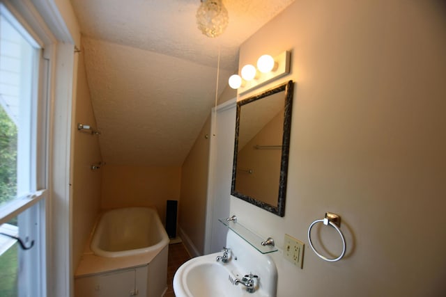 bathroom with vaulted ceiling, a sink, and a textured ceiling