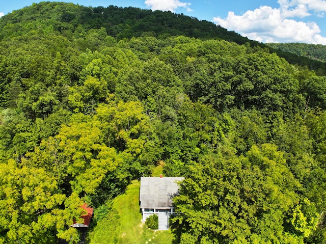 bird's eye view with a wooded view