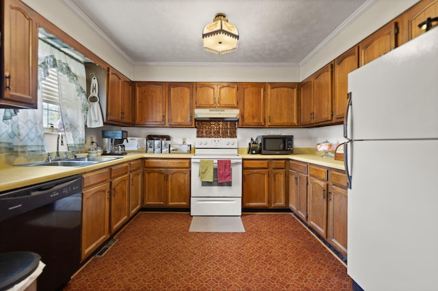 kitchen with black appliances, a textured ceiling, sink, and crown molding