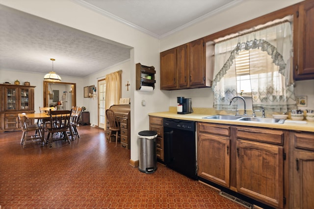 kitchen with black dishwasher, a textured ceiling, sink, hanging light fixtures, and ornamental molding