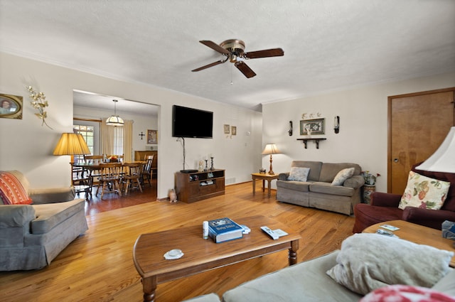 living room with ceiling fan, hardwood / wood-style flooring, crown molding, and a textured ceiling