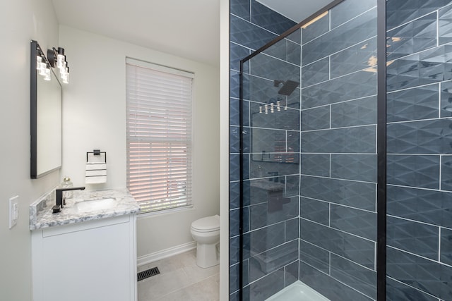 full bath featuring tile patterned flooring, visible vents, a shower stall, toilet, and vanity