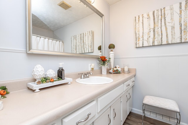 bathroom with vanity, hardwood / wood-style floors, and a textured ceiling