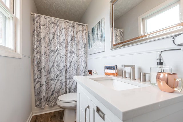 bathroom with a textured ceiling, vanity, toilet, and a wealth of natural light