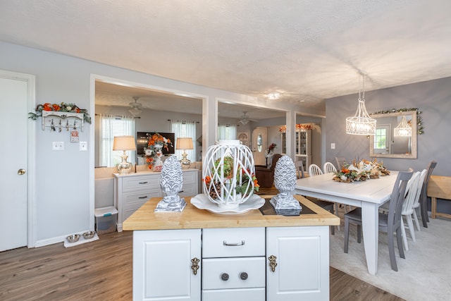 kitchen featuring pendant lighting, a wealth of natural light, ceiling fan, and dark hardwood / wood-style flooring