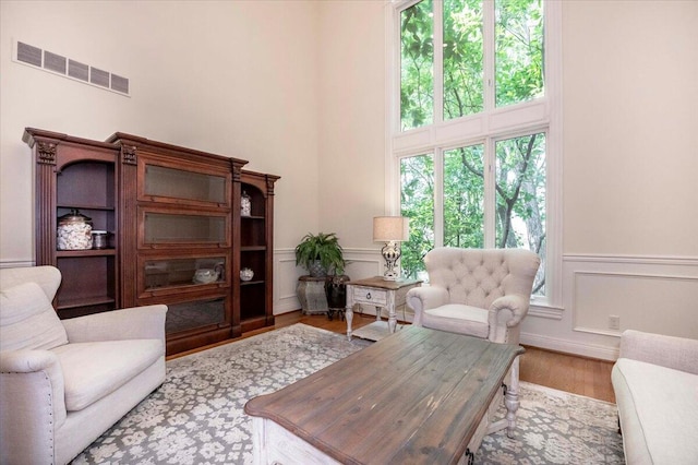 living room featuring light hardwood / wood-style flooring and a towering ceiling