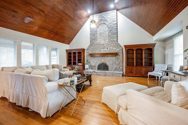 living room featuring light hardwood / wood-style floors, a healthy amount of sunlight, and a fireplace