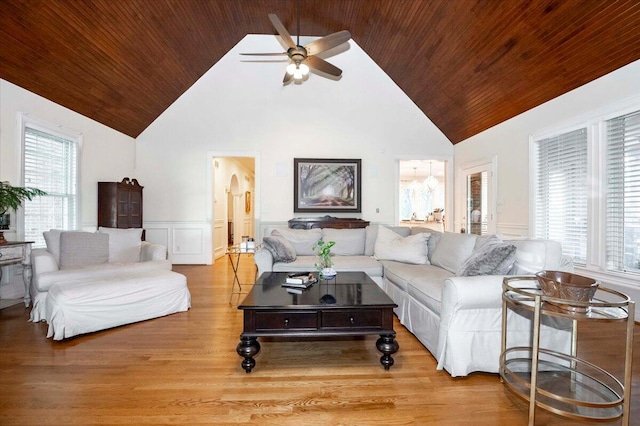 living room with ceiling fan, light hardwood / wood-style floors, high vaulted ceiling, and wooden ceiling