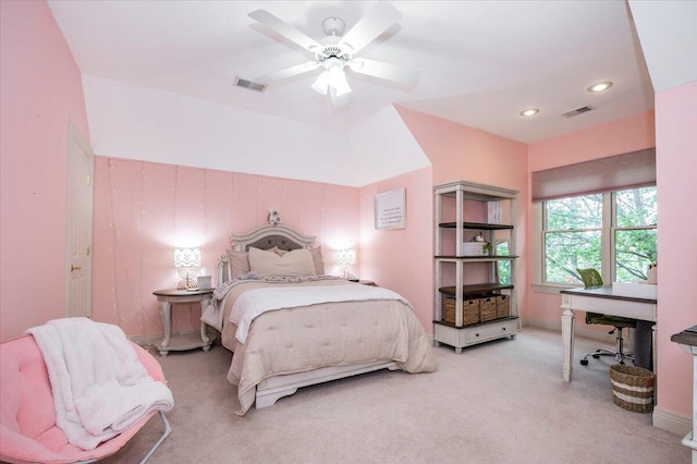 bedroom featuring light carpet and ceiling fan