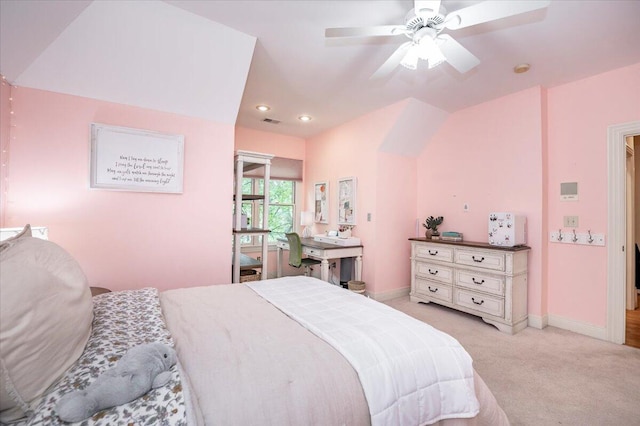 carpeted bedroom with ceiling fan