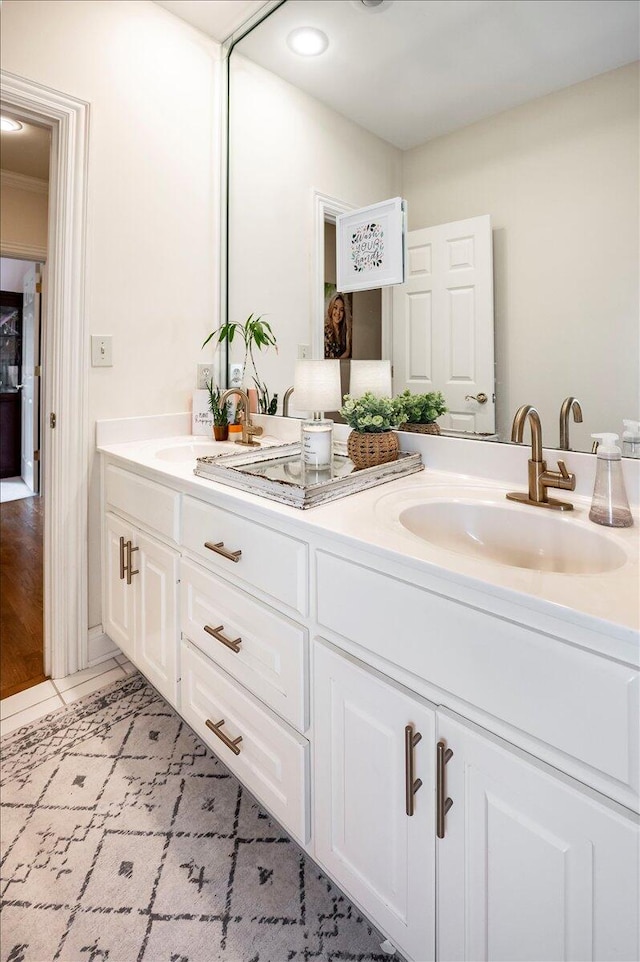 bathroom with wood-type flooring and vanity