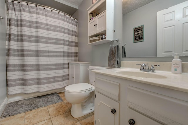 full bathroom featuring toilet, tile patterned floors, vanity, a textured ceiling, and shower / tub combo with curtain