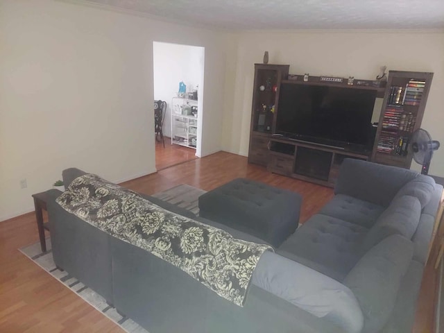 living room featuring hardwood / wood-style flooring, ornamental molding, and a textured ceiling