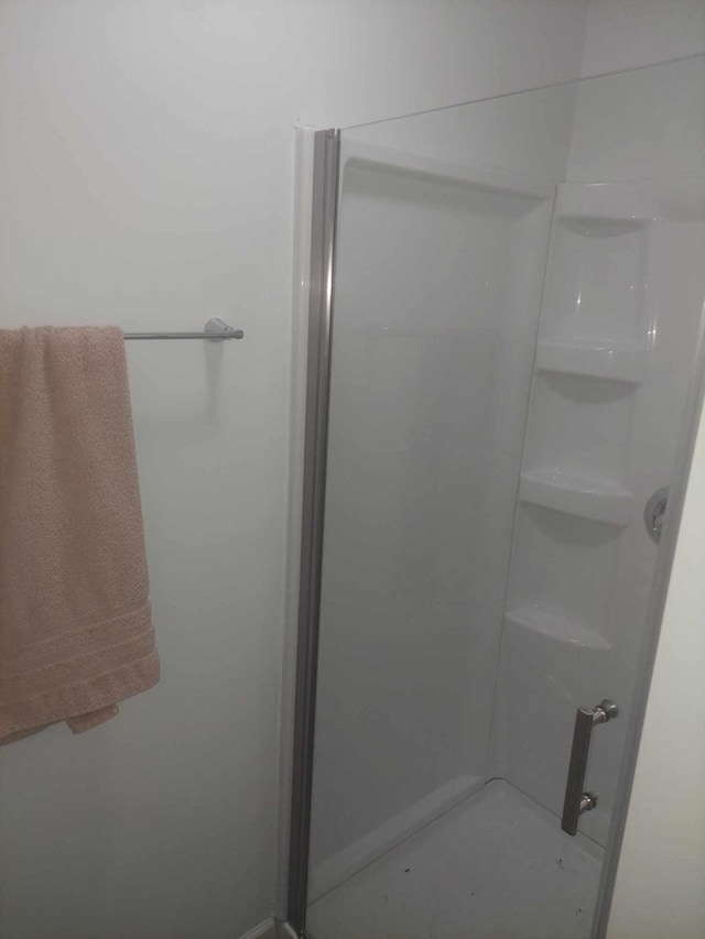 bathroom with a shower with shower door