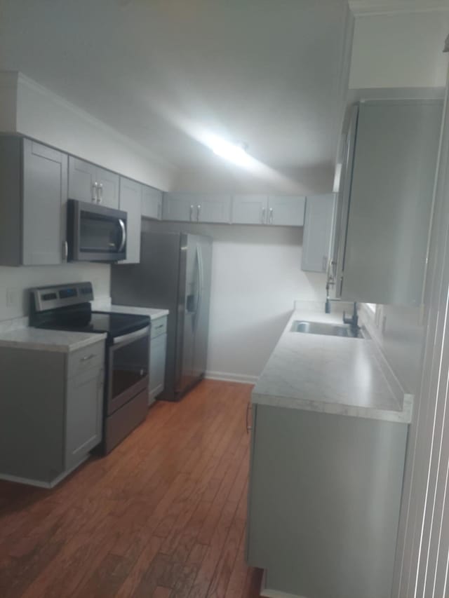 kitchen featuring gray cabinets, sink, dark hardwood / wood-style flooring, and appliances with stainless steel finishes