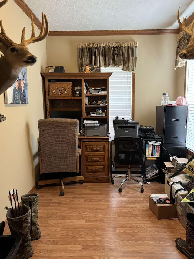 office area with a textured ceiling, crown molding, and light hardwood / wood-style flooring