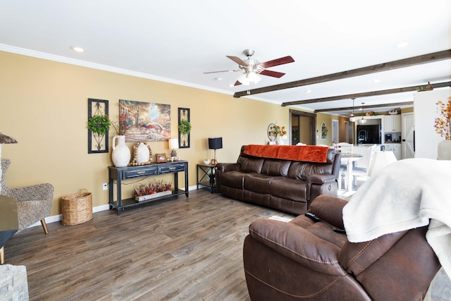 living room with ceiling fan, ornamental molding, beamed ceiling, and hardwood / wood-style flooring