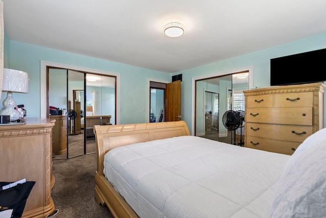 carpeted bedroom featuring two closets