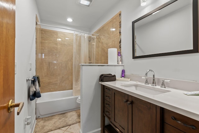 full bathroom featuring tile patterned flooring, vanity, toilet, and shower / bath combination with curtain