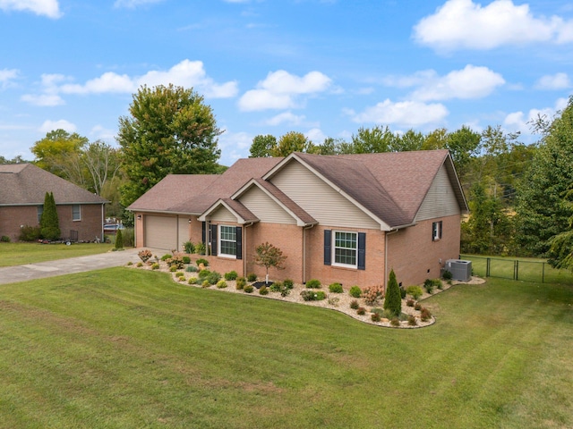 ranch-style house with a front yard and central air condition unit