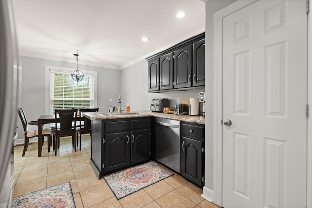 kitchen featuring light tile patterned floors, kitchen peninsula, stainless steel dishwasher, and sink