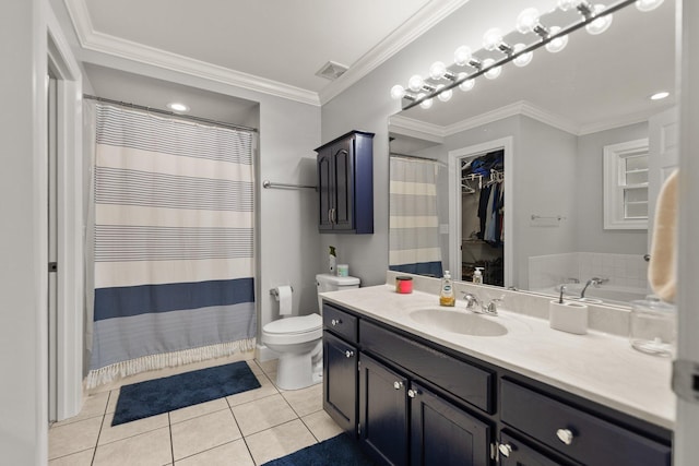 bathroom featuring crown molding, vanity, toilet, and tile patterned flooring