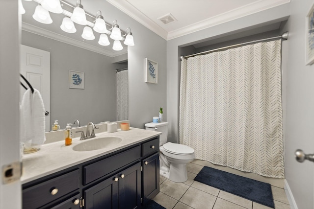 bathroom featuring crown molding, tile patterned floors, toilet, a shower with curtain, and vanity