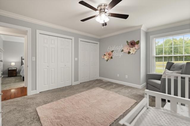 bedroom with carpet flooring, two closets, ceiling fan, and ornamental molding