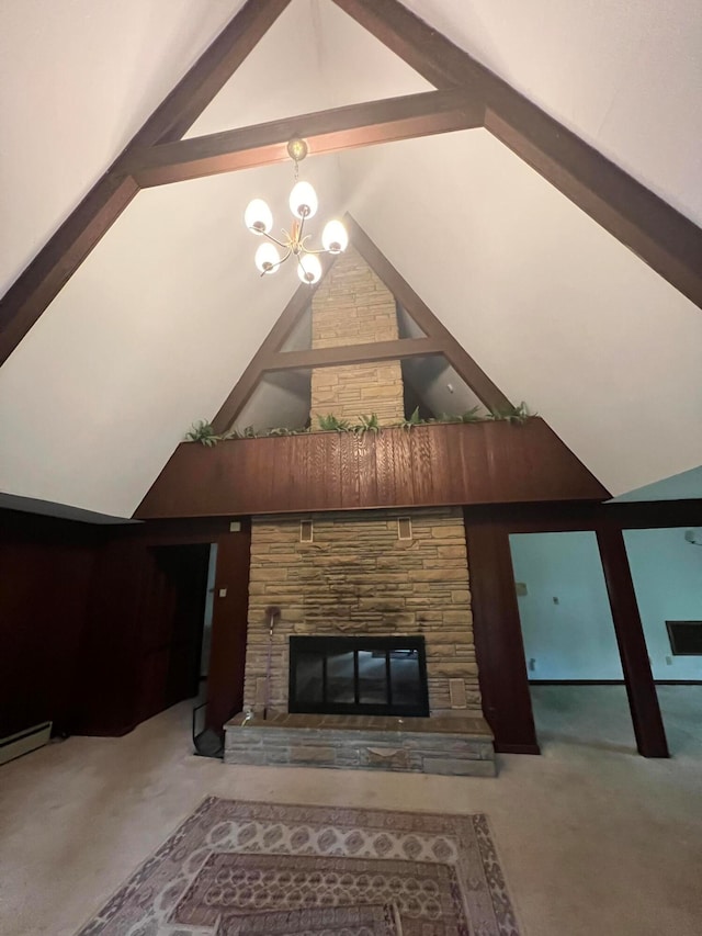 room details featuring beamed ceiling, a chandelier, and a fireplace