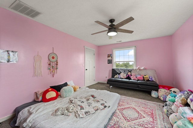 bedroom featuring carpet flooring and ceiling fan