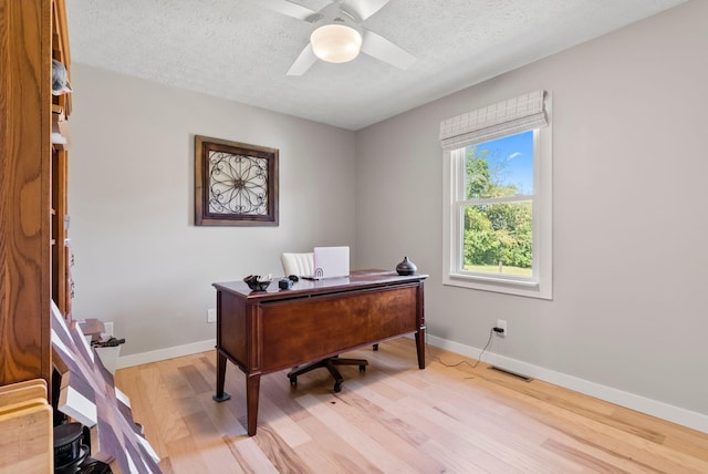 office space featuring ceiling fan, a textured ceiling, and light hardwood / wood-style floors