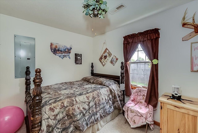 bedroom featuring carpet floors and electric panel