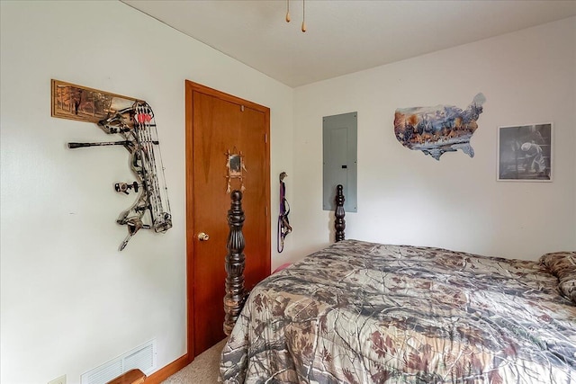 carpeted bedroom featuring electric panel