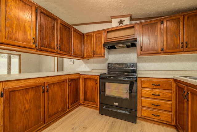 kitchen with light hardwood / wood-style flooring, vaulted ceiling, black electric range oven, extractor fan, and a textured ceiling