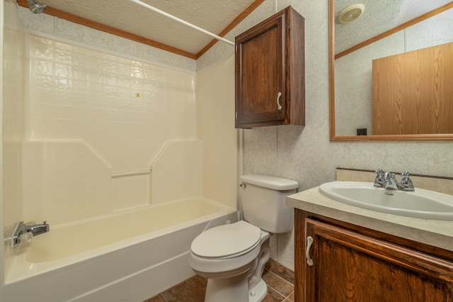 full bathroom featuring toilet, ornamental molding, vanity, a textured ceiling, and shower / bathtub combination