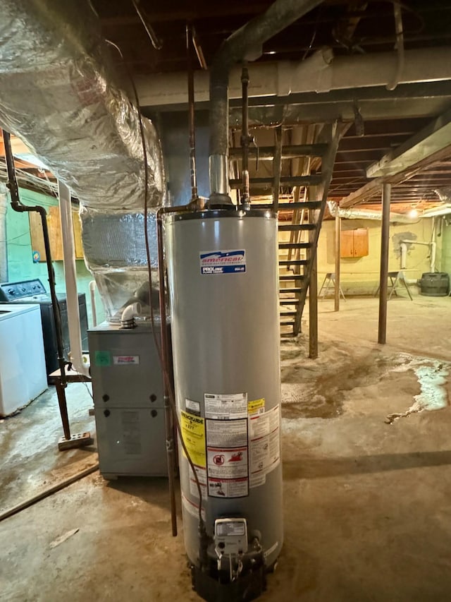 utilities featuring water heater and washer / dryer