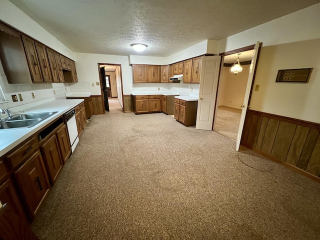 kitchen with wainscoting, white dishwasher, a sink, under cabinet range hood, and a textured ceiling