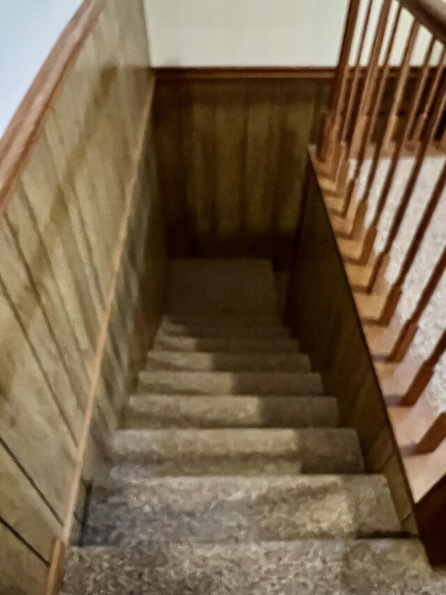 stairway with a wainscoted wall