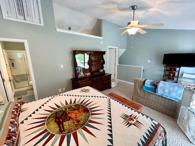 bedroom featuring high vaulted ceiling, ceiling fan, light carpet, ensuite bath, and a textured ceiling