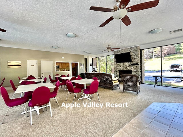 interior space with ceiling fan, a stone fireplace, and a textured ceiling