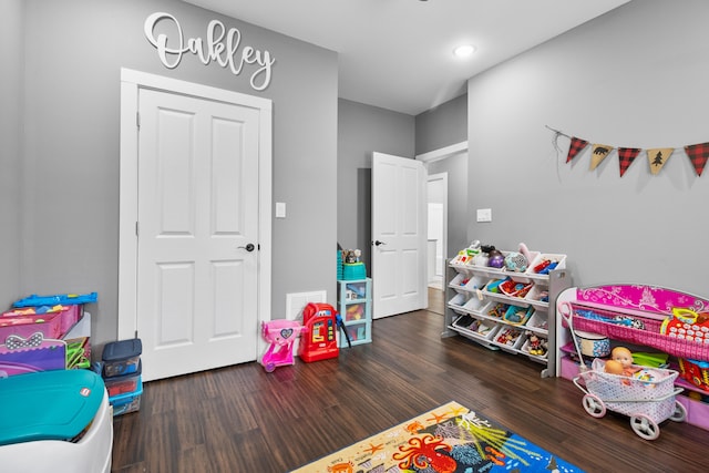 playroom with dark wood-type flooring