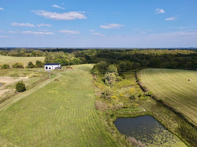 aerial view featuring a water view and a rural view