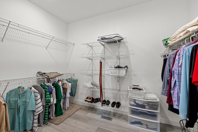 walk in closet with wood-type flooring