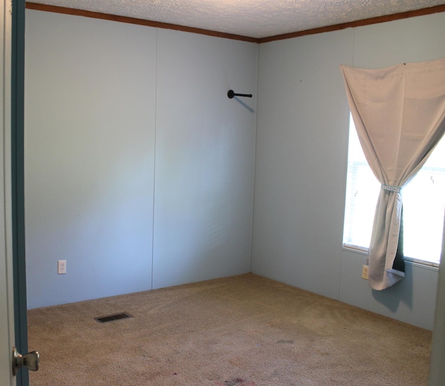 unfurnished room with crown molding, carpet floors, and a textured ceiling