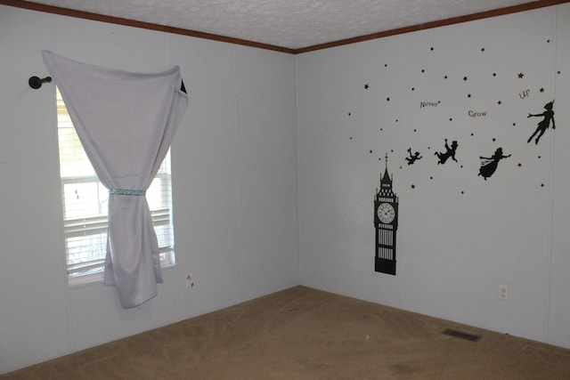 carpeted empty room featuring a textured ceiling and ornamental molding