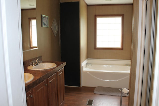 bathroom featuring a bathing tub, hardwood / wood-style floors, vanity, and plenty of natural light