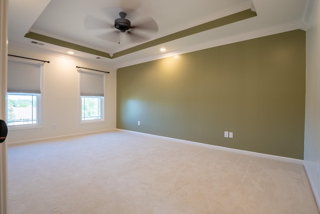 spare room featuring ornamental molding, ceiling fan, a raised ceiling, and light carpet