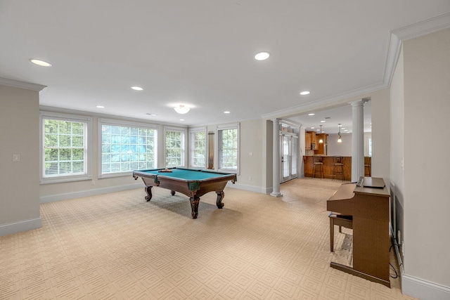 game room featuring ornamental molding, light carpet, decorative columns, and billiards