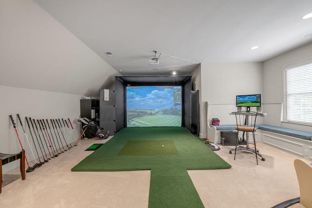 recreation room with carpet flooring and golf simulator